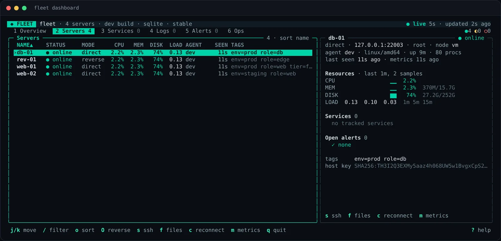 The fleet dashboard terminal UI showing four servers with status, transport mode, CPU, memory, disk, load, agent version and tags, and a detail panel for db-01.
