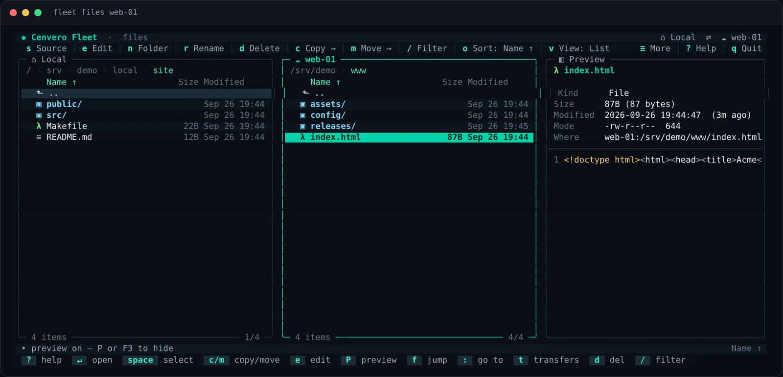 The dual-pane terminal file manager with a local project on the left, the web-01 server on the right and a preview of index.html.